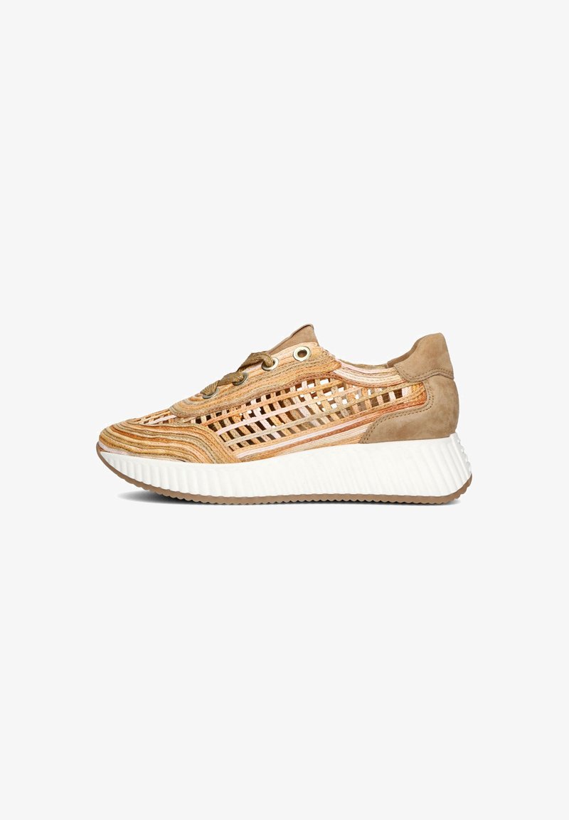 Knit and suede sneaker in light brown with a textured woven design. Features a white, ridged sole and gold eyelets for laces.