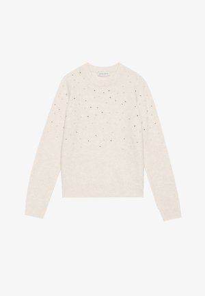 Sweater de manga longa creme com decote redondo, decorado com pequenas contas de prata e pérolas espalhadas na frente e nas mangas.