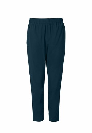 Pantalons décontractés à taille élastique bleu foncé avec jambes droites et poches latérales zippées, présentés sur un fond blanc.