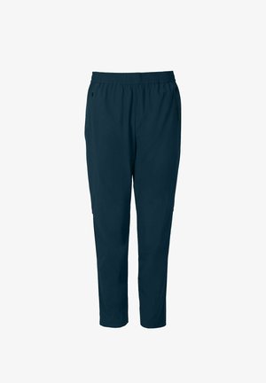 Pantalons décontractés à taille élastique bleu foncé avec jambes droites et poches latérales zippées, présentés sur un fond blanc.