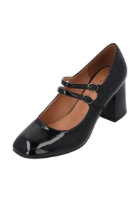 Black patent leather Mary Jane shoe with a rounded toe, two thin straps with circular buckles, and a thick square heel.