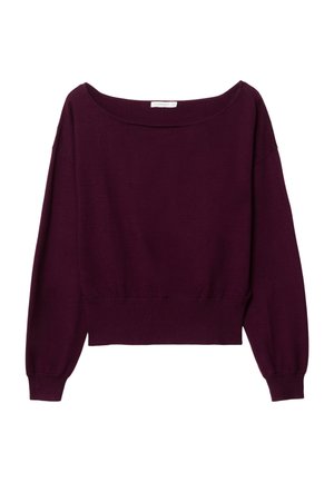 Pull-over violet, raccourci, avec un col large, des manches longues et des poignets côtelés. Texture lisse, matière tricot légère.