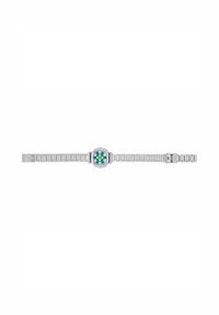 Montre-bracelet en métal argenté avec un cadran carré, ornée d'un motif floral vert et blanc sur un fond multicolore, et un bracelet à maillons.