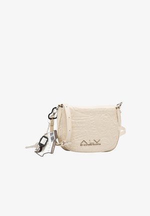 Cream-colored crossbody bag with embossed patterns, silver hardware, and a detachable keychain. Features an adjustable strap.