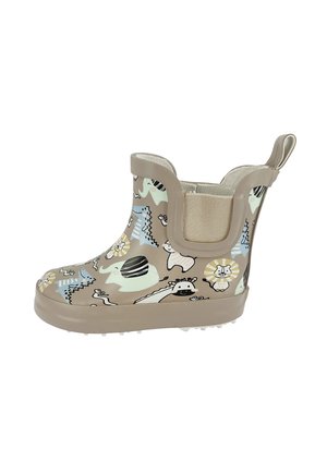 Beige kinderregenlaars met speelse dierenprints, waaronder een olifant, leeuw, giraffe en zebra, voorzien van een aantrek lus en een elastisch zijpaneel.