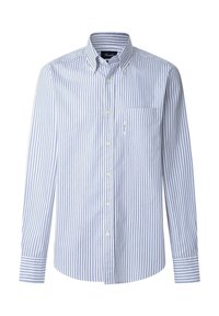 Camisa de botones en rayas azul claro y blanca, de tela de algodón, de manga larga, con un bolsillo en el pecho, dobladillo redondeado y puños con botón.