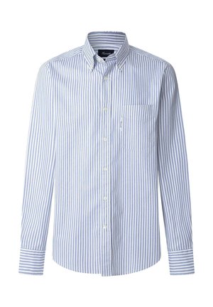 Camicia button-down a righe blu chiaro e bianche, in cotone, maniche lunghe, una tasca sul petto, orlo arrotondato e polsino con bottone.