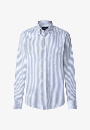 Camicia button-down a righe blu chiaro e bianche, in cotone, maniche lunghe, una tasca sul petto, orlo arrotondato e polsino con bottone.