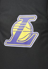 Μαύρο ύφασμα με ένα μεγάλο λευκό και μοβ λογότυπο με θέμα το μπάσκετ και το γράμμα "L" επάνω από αυτό. Λείες, ζωντανές αποχρώσεις.