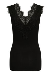Haut noir sans manches avec un profond décolleté en V, bordure large en dentelle festonnée et détail en dentelle florale transparente.