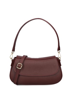 Burgundy leather handbag with a structured shape, featuring a curved top, adjustable strap, and gold-tone hardware accents.