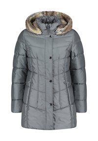 Doudoune grise avec capuche doublée en fausse fourrure, dotée d'une fermeture éclair et de boutons noirs brillants, caractérisée par une texture matelassée et une coupe ajustée.