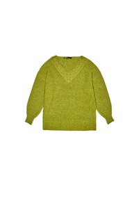 Zielony sweter z dzianiny z dekoltem w kształcie litery V, długimi rękawami i teksturowanym materiałem. Koronkowe detale wzdłuż dekoltu dodają kontrastu.