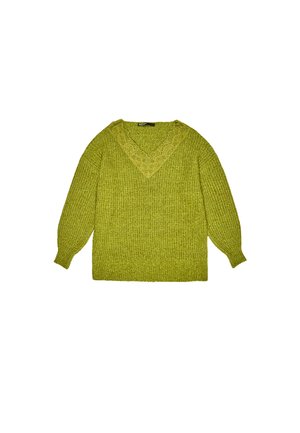 Roheline kudumiga sviiter, millel on V-kaelus, pikad varrukad ja tekstureeritud kangas. Kaeluse ääres olev pitsist kaunistus lisab kontrasti.