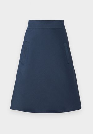 Mørkeblå kne-lengde skjørt med en tettsittende midjebånd, glatt tekstur og to diskré sidelommer. Klassisk A-linje design.