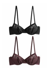 Zwarte en bordeaux kleurige kant bh's met beugel, verstelbare bandjes, bloemenpatroon en zachte mesh textuur, die contrasterende kleuren bieden.