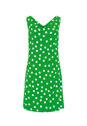 Grünes ärmelloses Kleid mit weißen Punkten und Wasserfallausschnitt, knielang und aus leichtem Stoff gefertigt.
