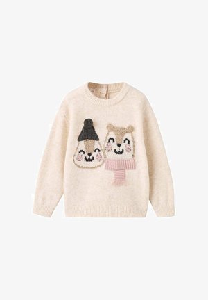 Un pull de couleur crème avec deux adorables visages d'animaux, l'un portant un chapeau noir et l'autre une écharpe beige, fabriqué dans un matériau doux.