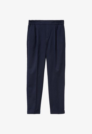 Marineblaue maßgeschneiderte Hosen mit vertikalen weißen Streifen, elastischem Bund, Vorderfalten, schmalem Schnitt und umgeschlagenen Säumen. Glatte Stofftextur.