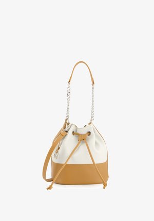 Torba typu bucket z białą górą z eko-skóry i brązowym dołem z eko-skóry. Posiada sznurkowe zapięcie, srebrny łańcuch oraz brązowy pasek na ramię.
