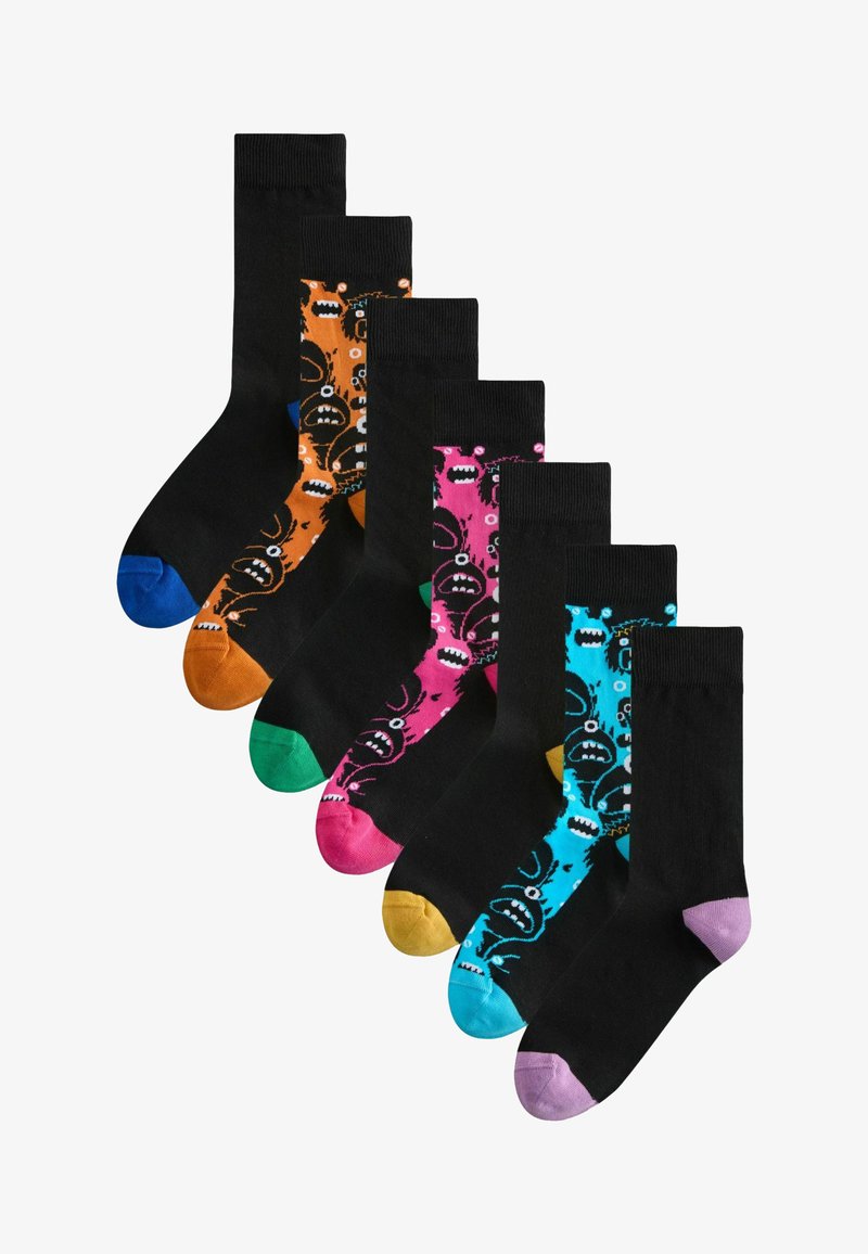 Six paires de chaussettes montantes noires avec des orteils colorés et des motifs de visage de monstre en bleu, orange, rose et violet.