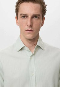 Camisa de botón de rayas verde claro con cuello. La tela parece suave con un brillo sutil y presenta un corte clásico.