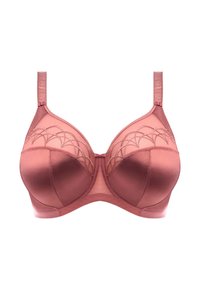 Rintaliivi ruusunpunaisena, satiinipintaisena. Siinä on läpinäkyvä verkko-osa ja hienovarainen geometrinen kirjonta yläosassa. Olkahihnoissa säätömahdollisuus ja malli jossa on tuki.