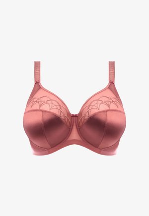 Beha in rozenpink met satijnen textuur. Voorzien van een doorschijnende mesh-overlay en delicate geometrische borduursels aan de bovenkant. Ondersteunende beugelontwerp, verstelbare schouderbandjes.