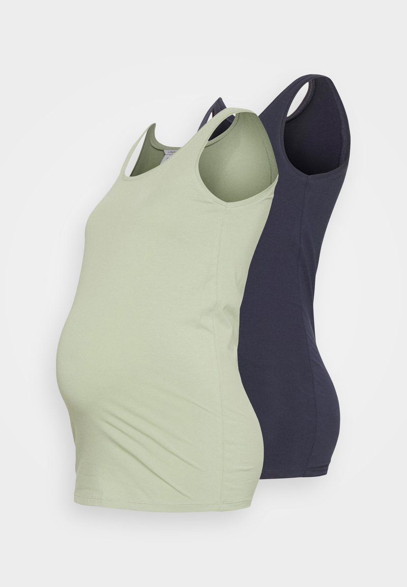 Dois tops de maternidade em algodão macio: um verde claro e um azul marinho. Ambos apresentam um design ajustado e alças largas.