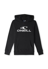 Sweat à capuche noir en tissu doux, avec une poche frontale, des poignets côtelés et un logo O'Neill blanc imprimé sur la poitrine.
