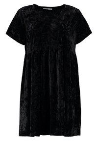 Abito di velluto nero con maniche corte, scollatura rotonda e una forma ad A fluida. Presenta una texture morbida e una leggera lucentezza.