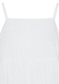 Haut de robe blanc sans manches avec fines bretelles et détails subtils en dentelle ajourée à motifs horizontaux.
