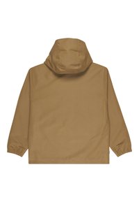 Braune Kapuzenjacke mit langen Ärmeln und elastischen Bündchen, von hinten auf einem weißen Hintergrund gezeigt.