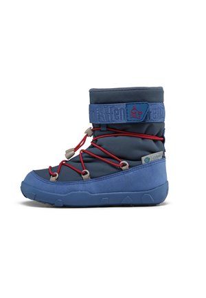 Blue winter boot with red laces, gray toggles, thick blue sole, and a blue velcro strap featuring a small penguin graphic near the top.