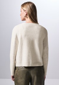 Béžový vlněný svetr s měkkým, texturovaným povrchem. Má žebrovaný lem a manžety, stylizovaný s tmavě zelenými, přiléhavými kalhotami.