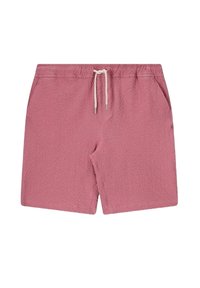 Shorts roses en tissu texturé, dotés d'une taille élastique avec cordon de serrage, de deux poches latérales et d'une coupe décontractée.