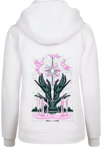 Felpa bianca con cappuccio che presenta una grafica di mani nere con accenti rosa, circondate da motivi geometrici e linee radianti.