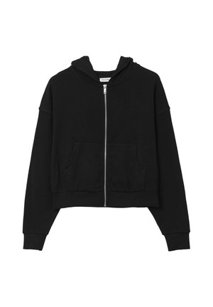 Haut à capuche noir court en tissu doux, avec une fermeture éclair à l'avant, une capuche à cordon de serrage et deux poches avant. Manches et ourlet côtelés.