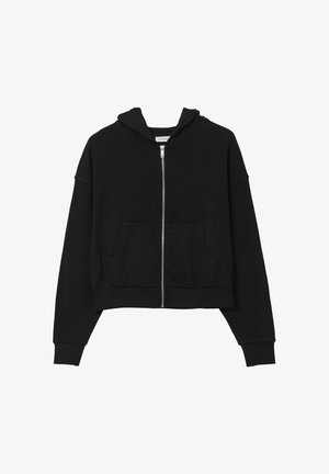 Haut à capuche noir court en tissu doux, avec une fermeture éclair à l'avant, une capuche à cordon de serrage et deux poches avant. Manches et ourlet côtelés.