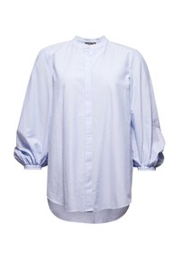 Light blue striped blouse with a stand collar, button front, and puffed sleeves. Made of soft fabric, featuring a loose fit and curved hem.