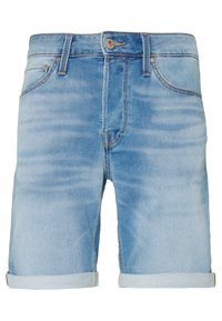 Light blue denim shorts with rolled hems, five-pocket design, and a metal button at the waist, featuring subtle fading and stitching details.