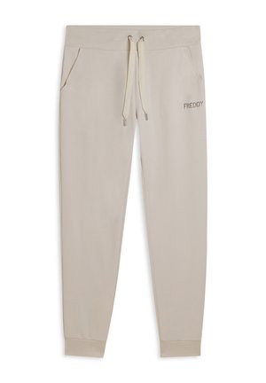 Pantaloni jogger beige a taglio slim con elastico in vita e coulisse, tasche laterali, polsini alle caviglie e logo "FRENDY" sulla coscia destra.
