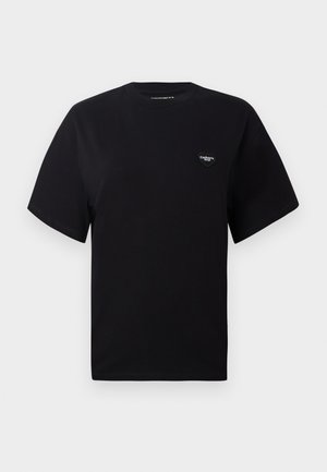 Black cotton t-shirt with short sleeves, crew neckline, and a heart-shaped embroidered logo on the left chest. Simple, unadorned design.