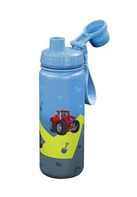 Blue plastic water bottle with a gray and green design featuring red tractor graphics, sippy cap, and an attached carrying strap.