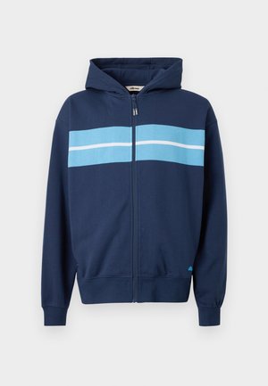Navy hooded sweatshirt with two horizontal light blue stripes across the chest. Features a full zipper, ribbed cuffs, and hem.