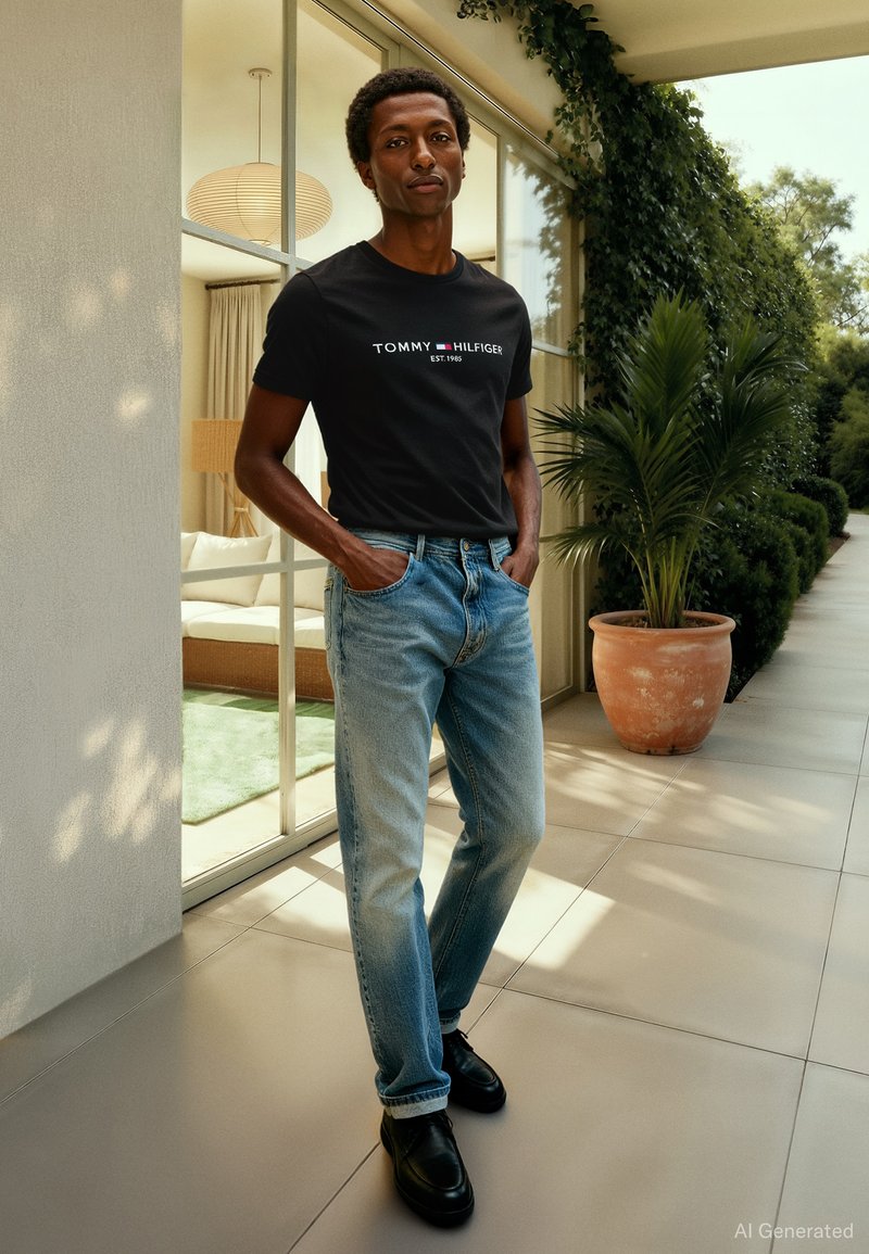 Svart t-skjorte med "TOMMY HILFIGER EST. 1985" logo, lyseblå jeans, svarte sko, stående i en moderne innendørs setting med planter.