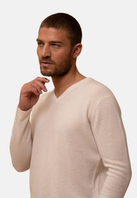 Svetr s výstřihem do V v světle béžové barvě, vyrobený z jemného materiálu. Má dlouhé rukávy a žebrované manžety, s hladkou texturou a minimalistickým designem.