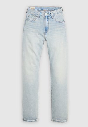 Light blue denim jeans with a straight-leg design, five-pocket styling, and a slightly faded finish. Button and zipper fly closure.
