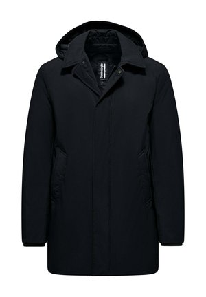 Giacca nera con cappuccio, chiusura frontale con zip e bottoni, tasche laterali e interno trapuntato. Realizzata in tessuto liscio e resistente all'acqua.