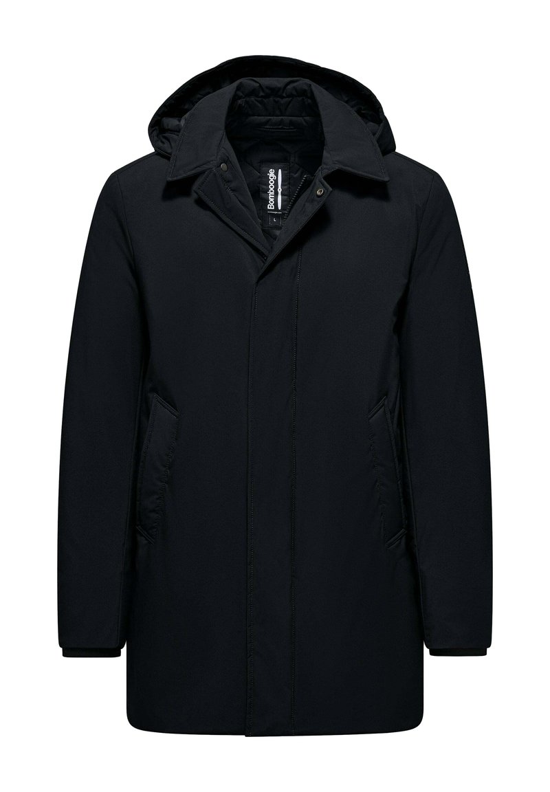 Giacca nera con cappuccio, chiusura frontale con zip e bottoni, tasche laterali e interno trapuntato. Realizzata in tessuto liscio e resistente all'acqua.